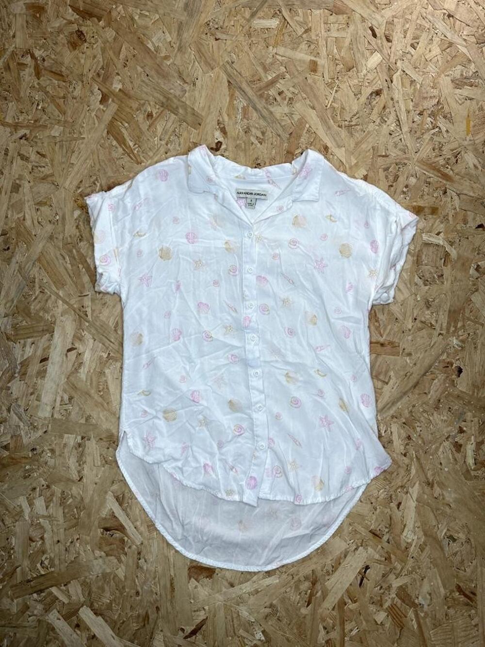 Alexander Jordan Womens Small White Seashell Graphic Button Up Shirt Short